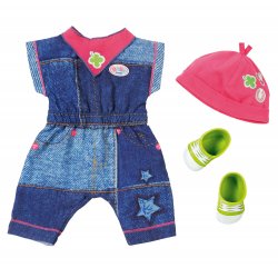 Jeansowy kombinezon z czapką i bucikami dla lalki Baby Born 43 cm