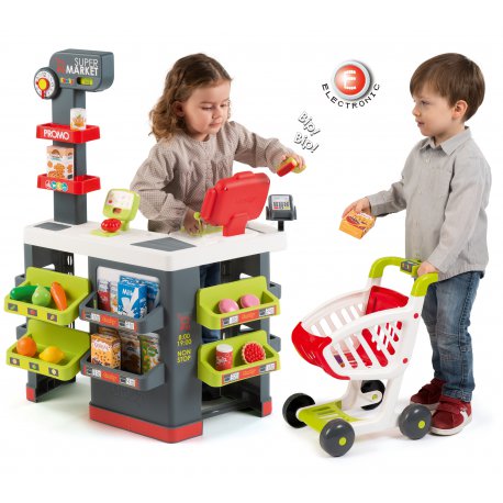 Smoby Czerwony Supermarket Elektroniczna Kasa światło dźwięk 41 akcesoriów Wózek