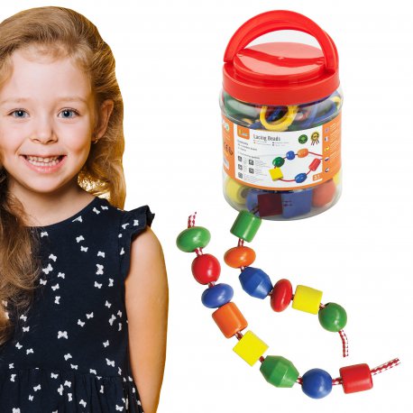 Viga Zestaw kolorowych koralików z drewna do nawlekania w słoiku