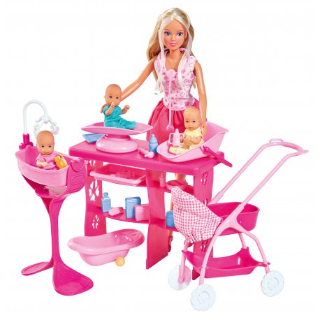 Lalka Steffi Rodzina + 3 Bobasy Opiekunka 30 elementów