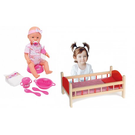 Viga Toys Drewniane Łożko dla lalek + SIMBA New Born Baby Bobas 43 cm z nocnikiem i z akcesoriami
