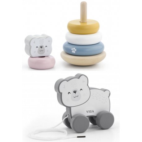 Zestaw VIGA PolarB Drewniana Piramida Układanka + Miś