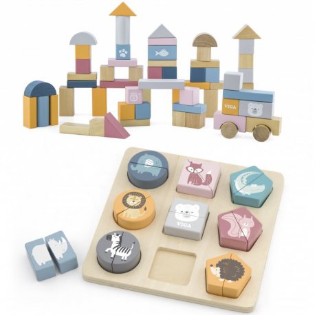 VIGA PolarB Drewniana Układanka + Klocki 60 Elementów