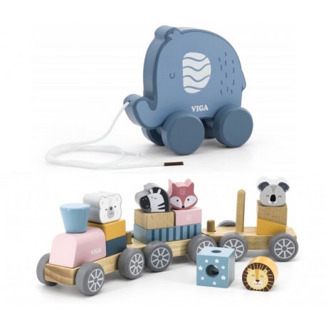 Zestaw VIGA PolarB Zabawka Do Ciągnięcia Słoń + Układanka Pociąg