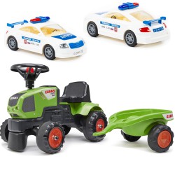 FALK Traktorek Baby Claas Axos 310 Zielony z Przyczepką od 1 roku + Samochód Radiowóz Policyjny &quot;Moskwa&quot;