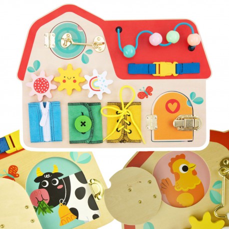 TOOKY TOY Drewniana Tablica Manipulacyjna Zapinki Otwieranie i Zamykanie Zamków Zwierzątka