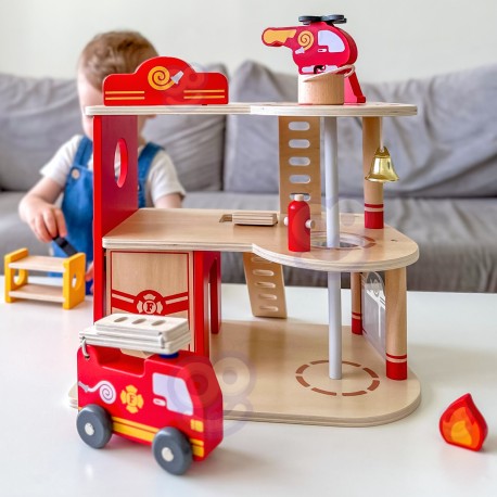 VIGA Drewniana 3 Piętrowa Remiza Strażacka Zestaw