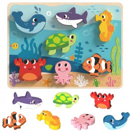TOOKY TOY Drewniane Puzzle Świat Morza Montessori Rybki Żółwik Dopasuj Kształty