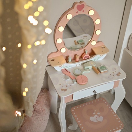 TOOKY TOY Drewniana Toaletka z Krzesełkiem Akcesoria Lustro + Kosmetyki