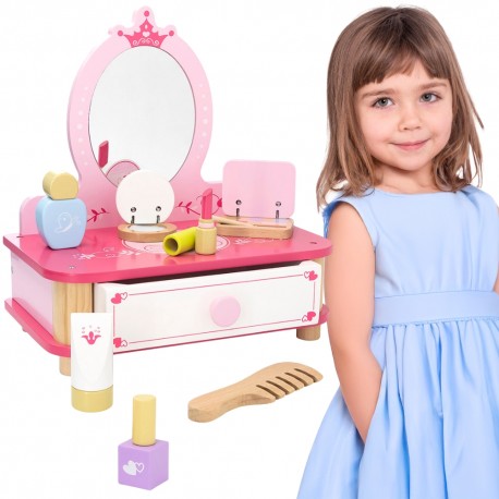 Viga Różowa Toaletka Drewniana Do Makijażu z Lustrem + Akcesoria