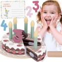 TOOKY TOY Drewniany Tort Urodzinowy do Krojenia na Rzepy ze Świeczkami  i Kartką Urodzinową 20 el.