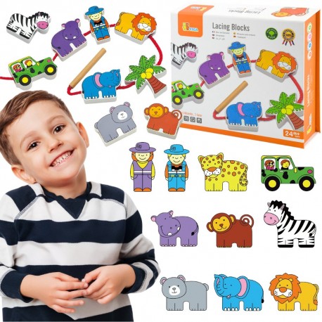 VIGA Drewniana Nawlekanka Przeplatanka Klocki Safari ZOO Montessori