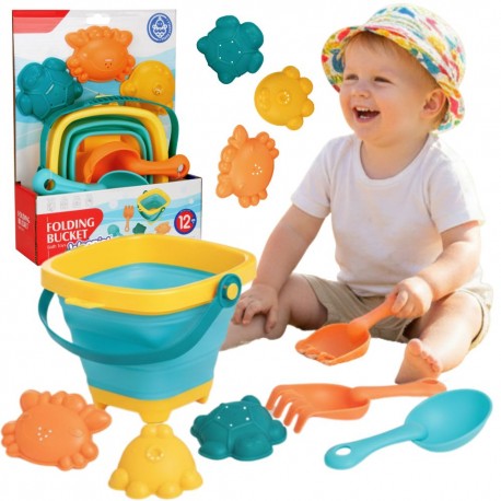WOOPIE Zestaw Wiaderko Składane z Grabkami Łopatką Foremkami Niebieskie