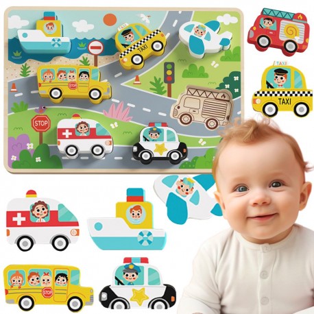 Tooky Toy Drewniane Puzzle Pojazdy Samochody Samoloty Miasto Dopasuj Kształty