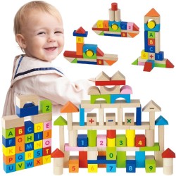 Klocki drewniane Viga literki cyferki w wiaderku 100 elementów