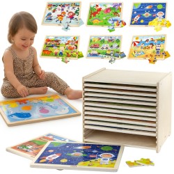 Puzzle drewniane 12 plansz po 24 puzzle w stojaku Viga Toys