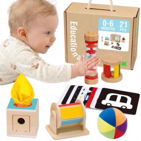 Tooky Toy Edukacyjne Pudełko Karty Kontrastowe Grzechotka Bębenek Piłka 6w1 od urodzenia do 6 miesiąca
