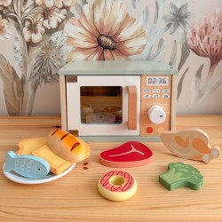 TOOKY TOY Drewniana Kuchenka Mikrofalowa Zestaw Produktów Sporzywczych