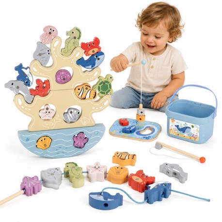 TOOKY TOY Drewniany Zestaw Morskich Zabawek Wieża Balansująca Łowienie Ryb Figurki 23 Elementy
