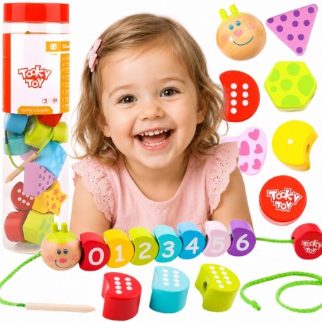 TOOKY TOY Drewniana Sznurowana Gąsienica Do Nawlekania Zręcznościowa