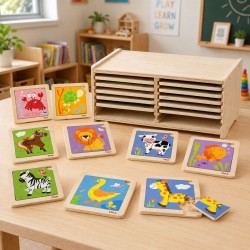 Puzzle drewniane 12 plansz po 4 puzzle w stojaku Viga Toys