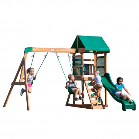 Drewniany plac zabaw Step 2 5w1 zjeżdżalnia piaskownica Backyard Discovery