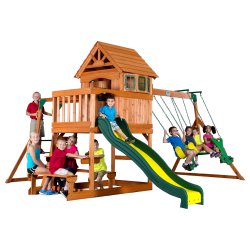 Duży drewniany plac zabaw Step 2 Springboro 7w1 zjeżdzalnia huśtawka Backyard Discovery