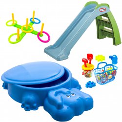 Zjeżdżalnia niebieska 95 cm Little Tikes + Duża Piaskownica Słonik + Gra zręcznościowa Serso + Zestaw Letni foremi Mochtoys