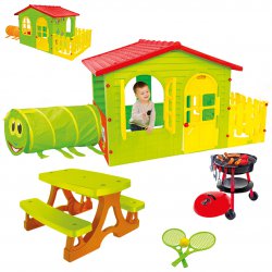 Mochtoys Duży Domek z płotkiem i ogródkiem + Tunel Gąsienica + Stolik Piknikowy + Grill ogrodowy + GRATIS Zestaw do Tenisa