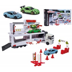 MAJORETTE Centrum Mobilne Porsche Ciężarówka MAN TGX + 2 pojazdy