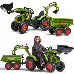 Traktor  na Pedały CLAAS AXOS Ogromny z Przyczepą, Łyżką i Spychaczem FALK